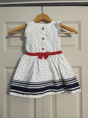 Gymboree White Dress with Black Polka Dots, Red Belt and Navy Trim